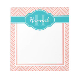 Blauwgroen monogram roze witte herringbone Patroon Notitieblok