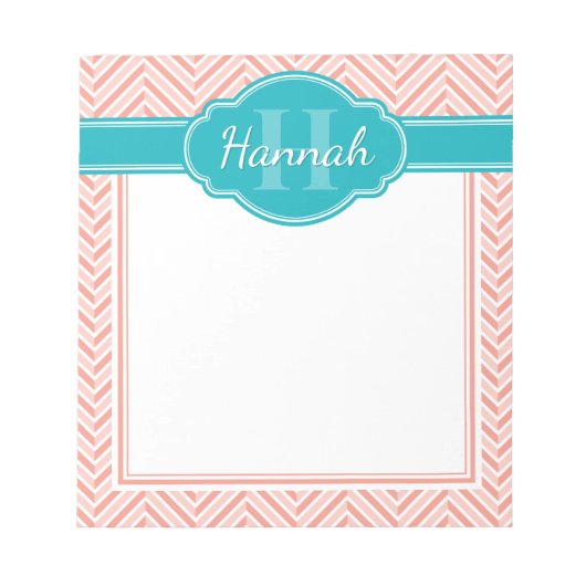Blauwgroen monogram roze witte herringbone Patroon Notitieblok (Voorkant)