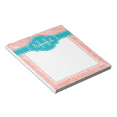 Blauwgroen monogram roze witte marmer notitieblok (Schuin)