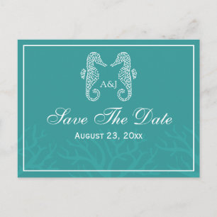 Blauwgroen Monogram Seahorse Save the Date Briefka Aankondigingskaart