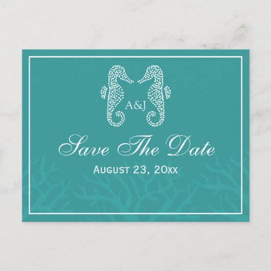 Blauwgroen Monogram Seahorse Save the Date Briefka Aankondigingskaart (Voorkant)
