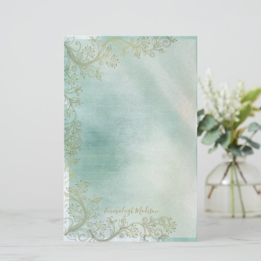 Blauwgroen Monogram siervoering Briefpapier (Staand voorkant)