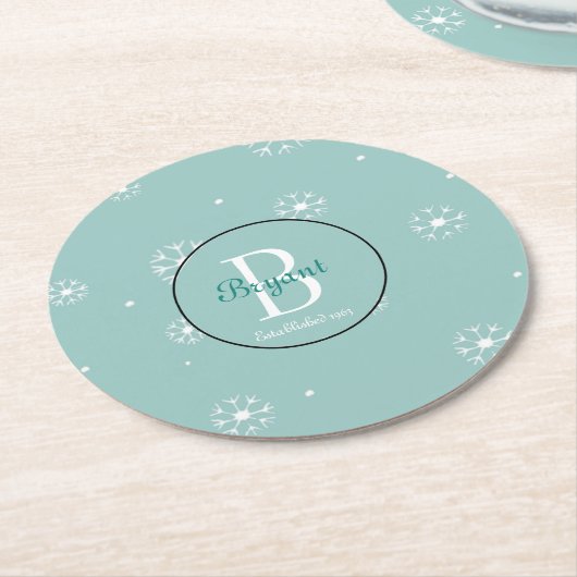 Blauwgroen Monogram Snowflake Onderzetters (Gebogen)