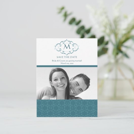 Blauwgroen Monogram sparen de Datum Fotokaarten Save The Date (Staand voorkant)