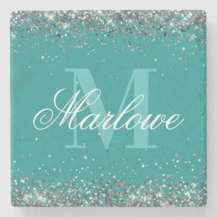 Blauwgroen monogram stijlvol zilver Glitter Stenen Onderzetter