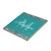 Blauwgroen monogram stijlvol zilver Glitter Tegeltje (Zijkant)