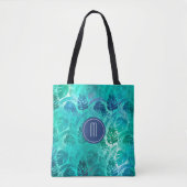 Blauwgroen monogram tropisch palm tote bag (Voorkant)
