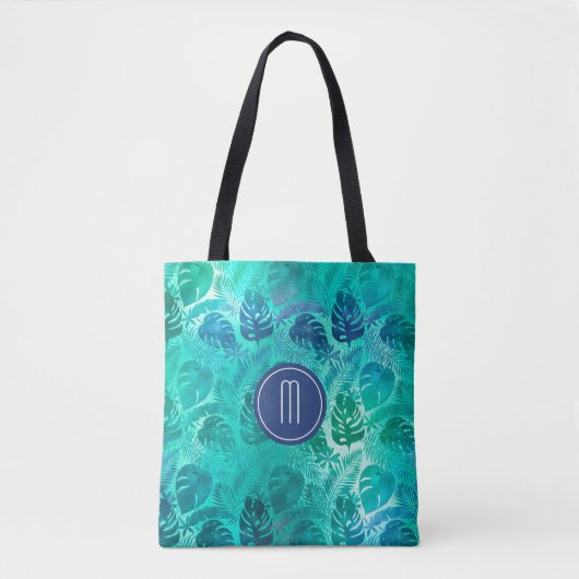 Blauwgroen monogram tropisch palm tote bag (Voorkant)