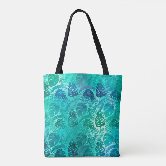 Blauwgroen monogram tropisch palm tote bag (Achterkant)