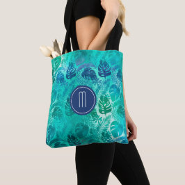 Blauwgroen monogram tropisch palm tote bag