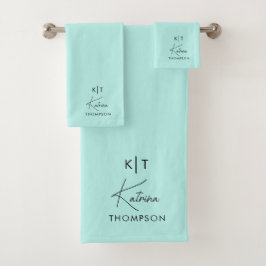 Blauwgroen monogram Turquoise Modern Signature Bad Handdoek