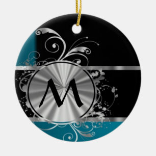 Blauwgroen monogram zwart-wit en zilver keramisch ornament