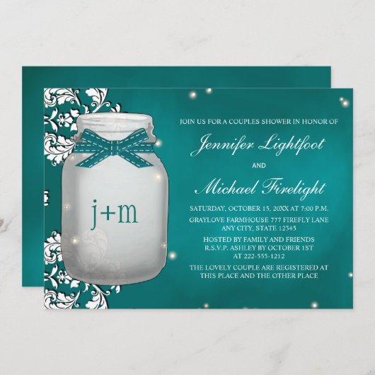 Blauwgroen monogrammen met vuursteentje Mason Jar  Kaart (Voorkant / Achterkant)