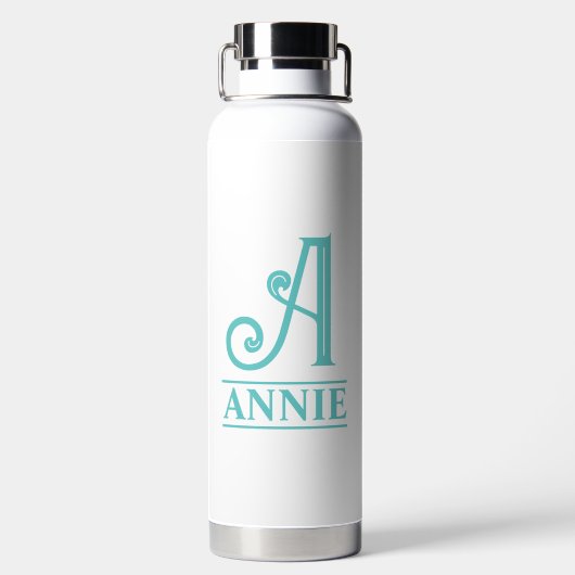 Blauwgroen monogrammen waterfles (Achterkant)