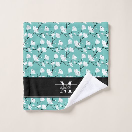 Blauwgroen Monogrammen - Zwarte en Witte Magnolia Bad Handdoek (Wasdoekje)