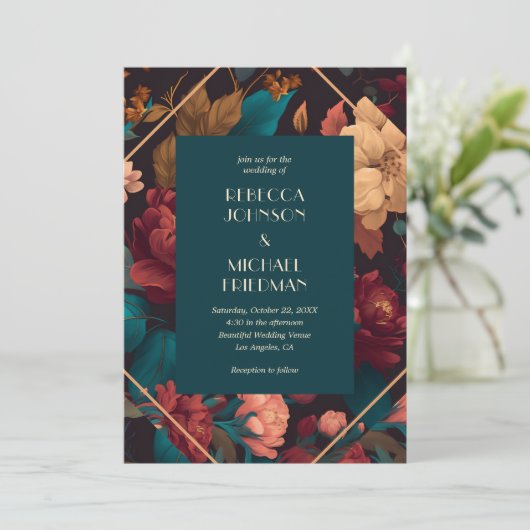 Blauwgroen Moody Bloemen Herfst Bloom Herfst Huwel Kaart (Staand voorkant)