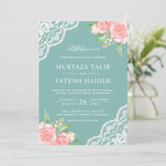 Blauwgroen moslimbruiloft met blush roze Floral Eg Kaart (Staand voorkant)
