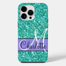 Blauwgroen mousserend glitter, monogramma-Hoesje-M