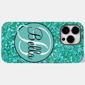 Blauwgroen mousserend glitterpatroon, monogrammen Case-Mate iPhone case (Achterkant (horizontaal))