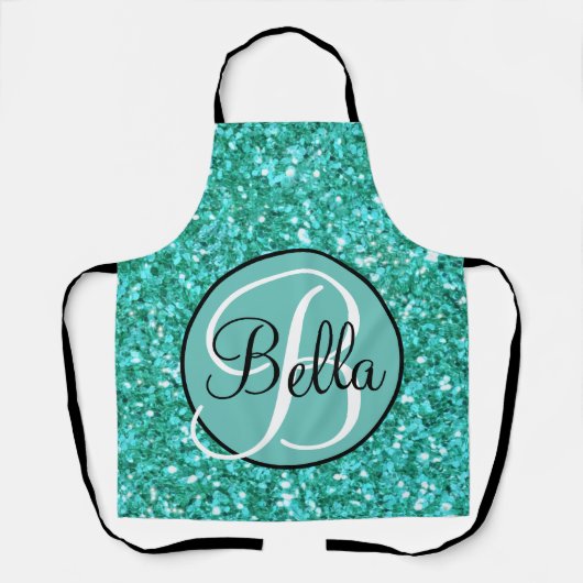 Blauwgroen mousserend glitterpatroon, monogrammen schort (Voorkant)