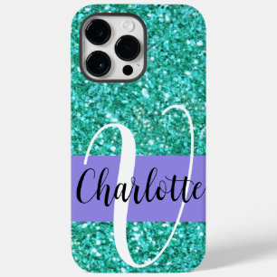 Blauwgroen mousserende glitter, monogrammen Case-Mate iPhone 14 pro max hoesje