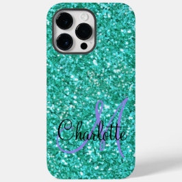 Blauwgroen mousserende glitter, monogrammen Case-Mate iPhone 14 pro max hoesje