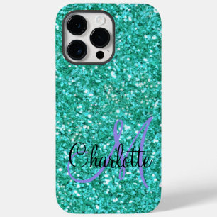 Blauwgroen mousserende glitter, monogrammen Case-Mate iPhone 14 pro max hoesje