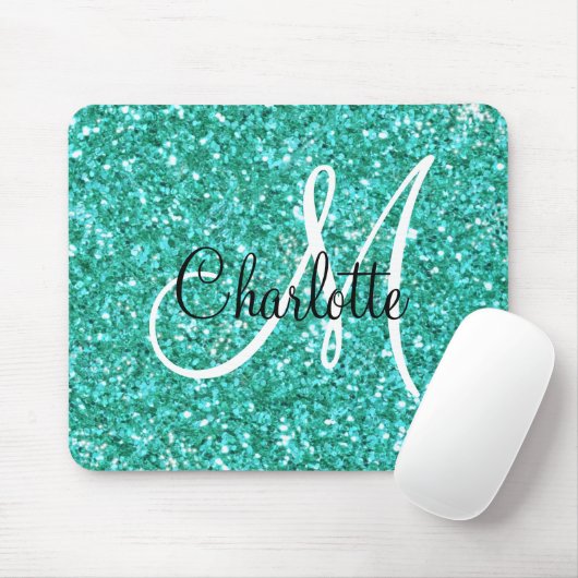 Blauwgroen mousserende glitter, monogrammen muismat (Met muis)