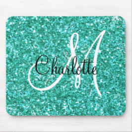 Blauwgroen mousserende glitter, monogrammen muismat