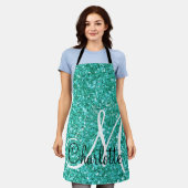 Blauwgroen mousserende glitter, monogrammen schort (Gedragen)