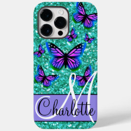 Blauwgroen mousserende glitter, paarse vlinders Case-Mate iPhone 14 pro max hoesje