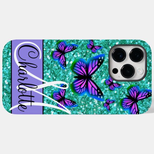 Blauwgroen mousserende glitter, paarse vlinders Case-Mate iPhone case (Achterkant (horizontaal))