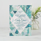 Blauwgroen Mozaïek Marmer Verjaardagsfeestuitnodig Kaart (Staand voorkant)