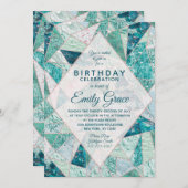 Blauwgroen Mozaïek Marmer Verjaardagsfeestuitnodig Kaart (Voorkant / Achterkant)