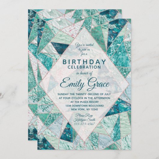 Blauwgroen Mozaïek Marmer Verjaardagsfeestuitnodig Kaart (Voorkant / Achterkant)