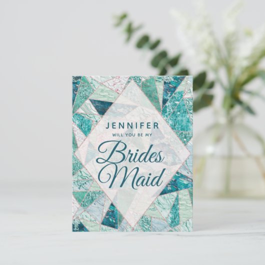 Blauwgroen mozaïek marmer zal je mijn bruidsmeisje kaart (Staand voorkant)