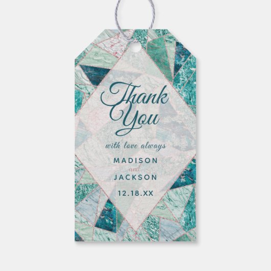 Blauwgroen Mozaïek Marmeren Driehoeken Bruiloft Da Cadeaulabel (Achterkant)