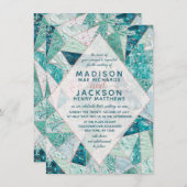 Blauwgroen Mozaïek Marmeren Driehoeken Bruiloft Ui Kaart (Voorkant / Achterkant)