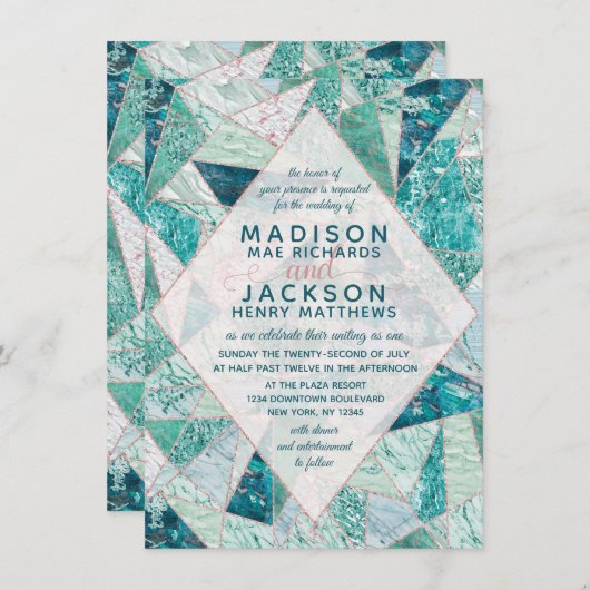 Blauwgroen Mozaïek Marmeren Driehoeken Bruiloft Ui Kaart (Voorkant / Achterkant)