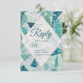 Blauwgroen Mozaïek Marmeren Driehoeken Modern Brui RSVP Kaartje (Staand voorkant)