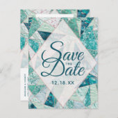 Blauwgroen Mozaïek Marmeren Driehoeken Save the Da Aankondigingskaart (Voorkant / Achterkant)