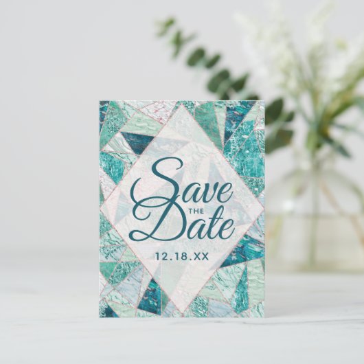Blauwgroen Mozaïek Marmeren Driehoeken Save the Da Aankondigingskaart (Staand voorkant)