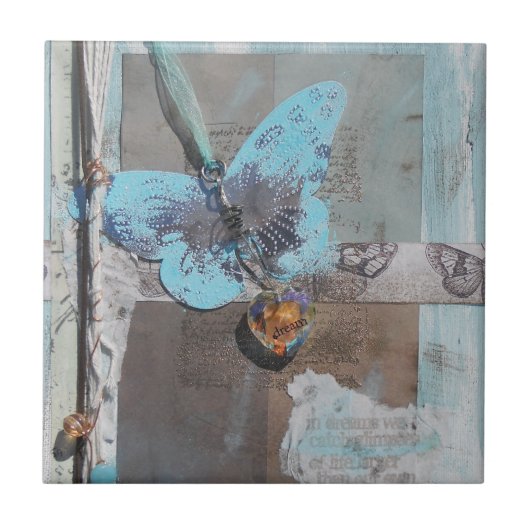 Blauwgroen multiplexmedia-kunst met butterfly tegeltje (Voorkant)