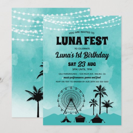 Blauwgroen Muziekfestival Verjaardagsuitnodiging Kaart (Voorkant / Achterkant)