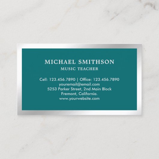 Blauwgroen muziekleraar Silver Foil Drum Kit Drumm Visitekaartje (Achterkant)