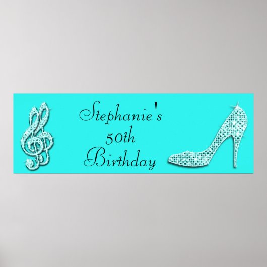 Blauwgroen Muzieknoten en Stiletto 50th Birthday Poster (Voorkant)