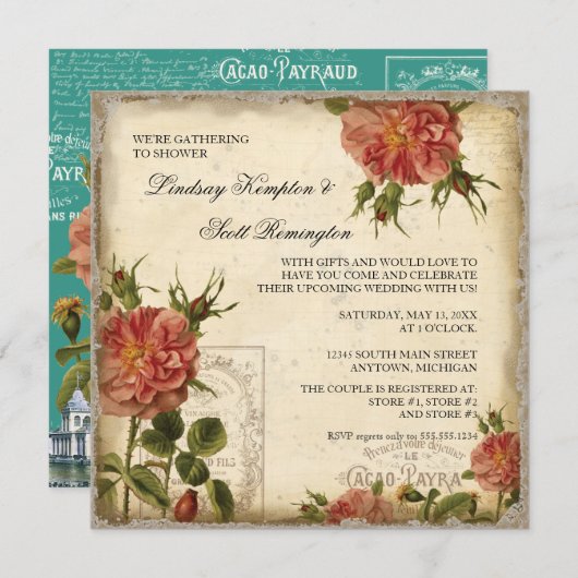 Blauwgroen n Cream Eiffeltoren Couples Shower Kaart (Voorkant / Achterkant)