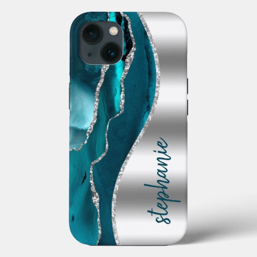 Blauwgroen naam Glam Agate Geode Metallic Silver Case-Mate iPhone Case (Achterkant)