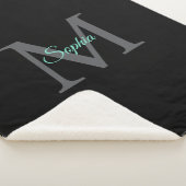 Blauwgroen naam, grijs monogram, zwarte sherpa dek sherpa deken (3/4)