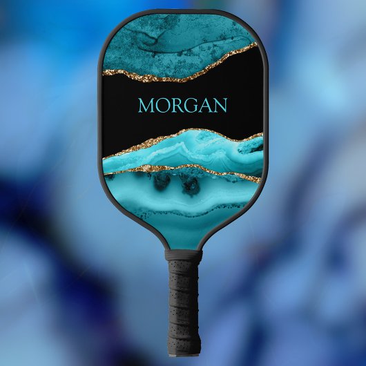 Blauwgroen naam, zwart, goud en Blauwgroen agate Pickleball Paddle